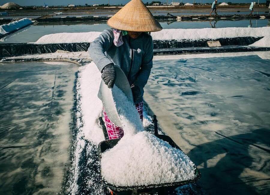 Cách làm muối trên nền bạt hiện đại của người dân Ninh Thuận