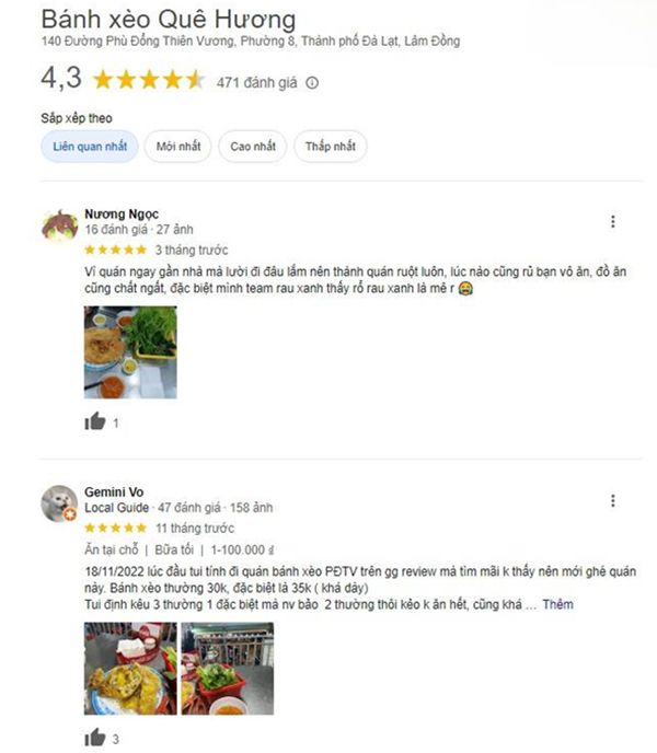 Những ý kiến của khách hàng về quán bánh xèo Quê Hương