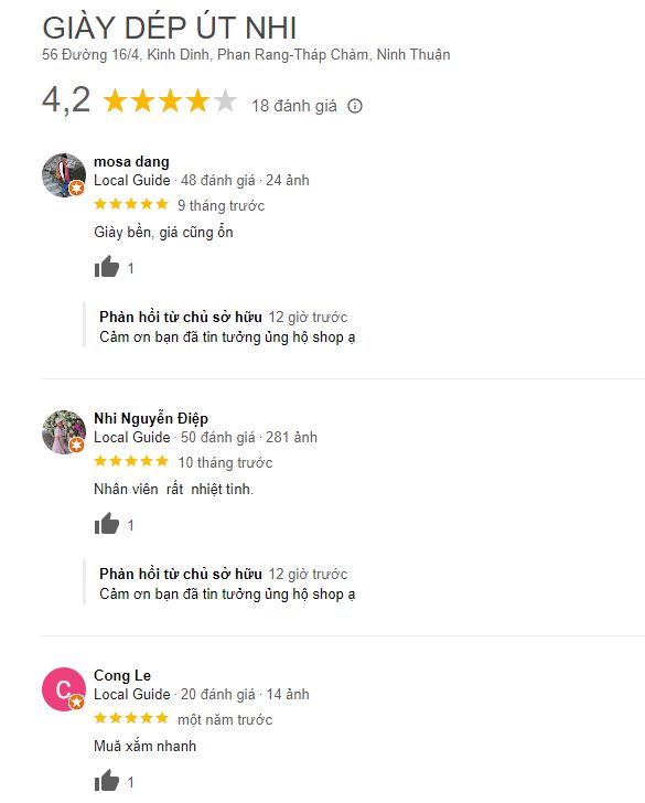 Một số ý kiến đánh giá của khách hàng về shop giày dép Út Nhi tại Phan Rang